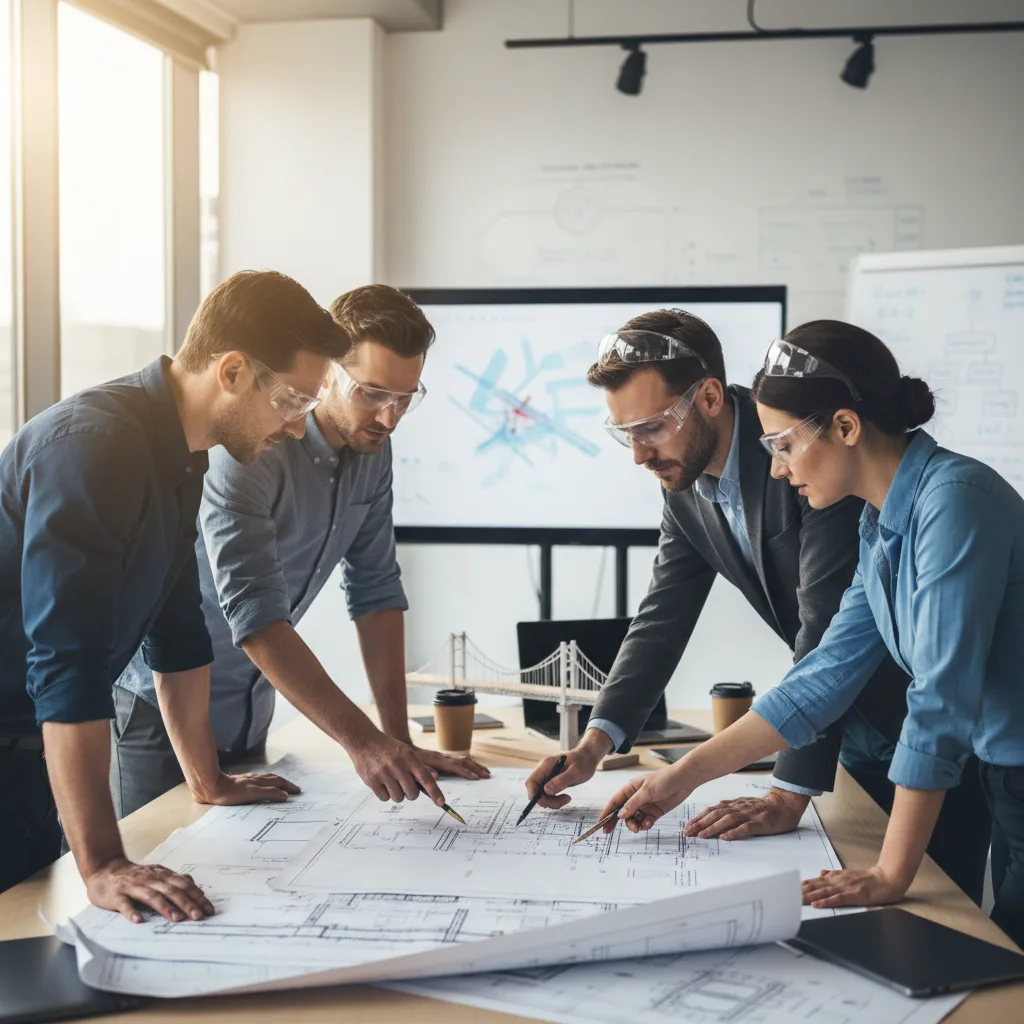 Engineers reviewing architectural blueprints during planning